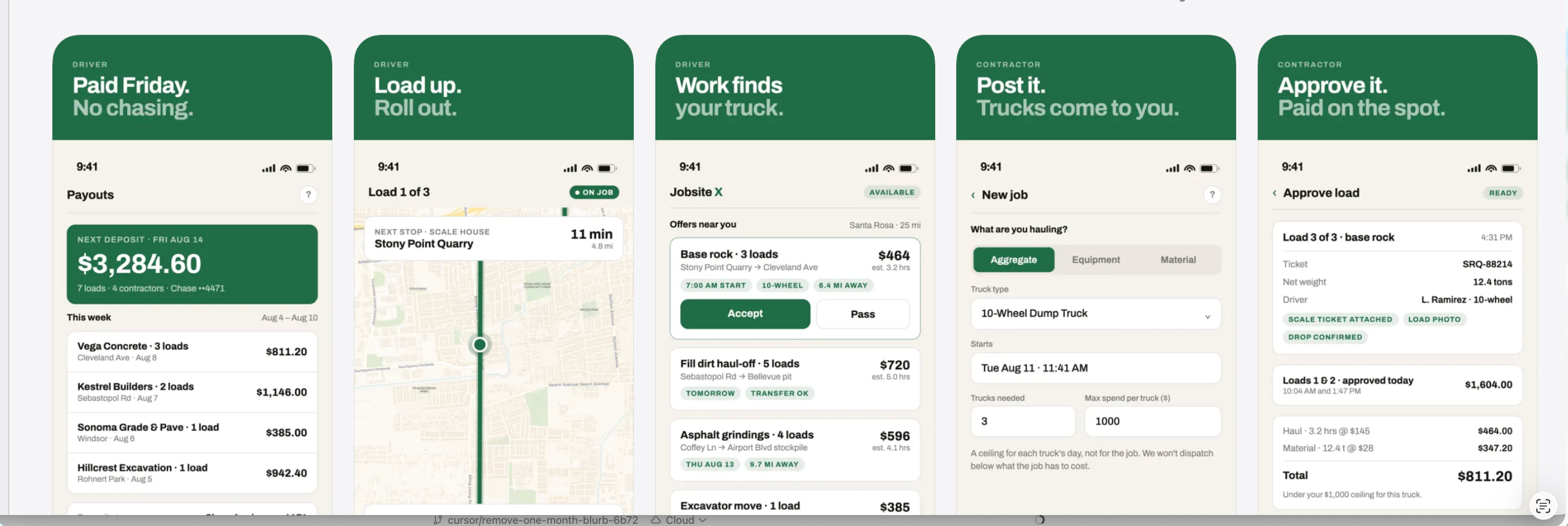 Jobsite X iPhone screens for driver payouts, live loads, job matching, new jobs, and contractor approvals